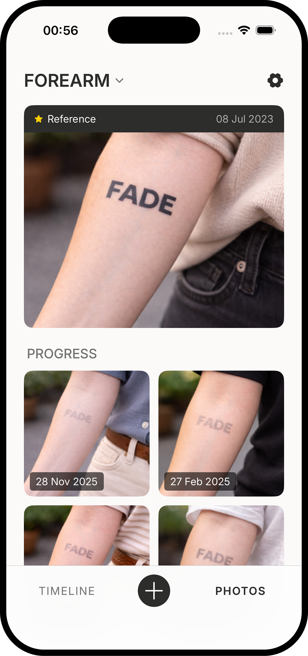 Photo gallery showing tattoo progress over time