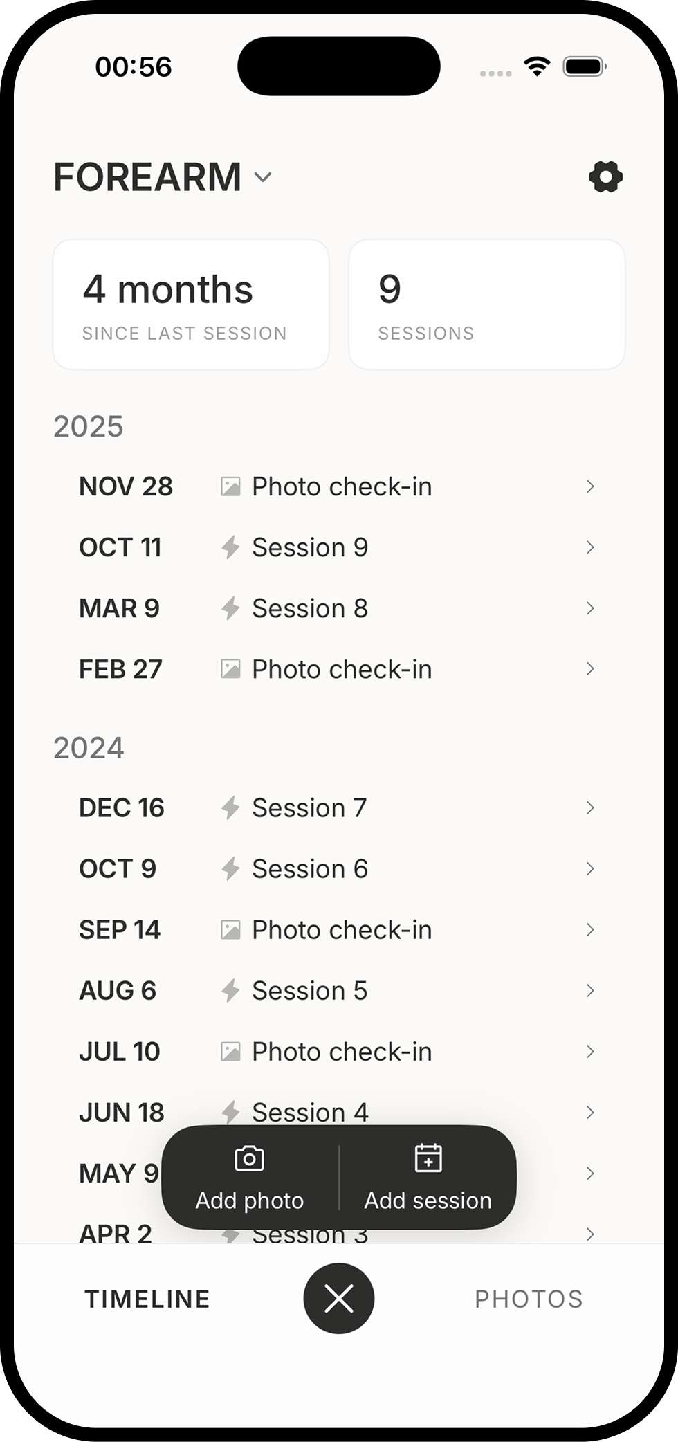 Options to add a photo or log a session